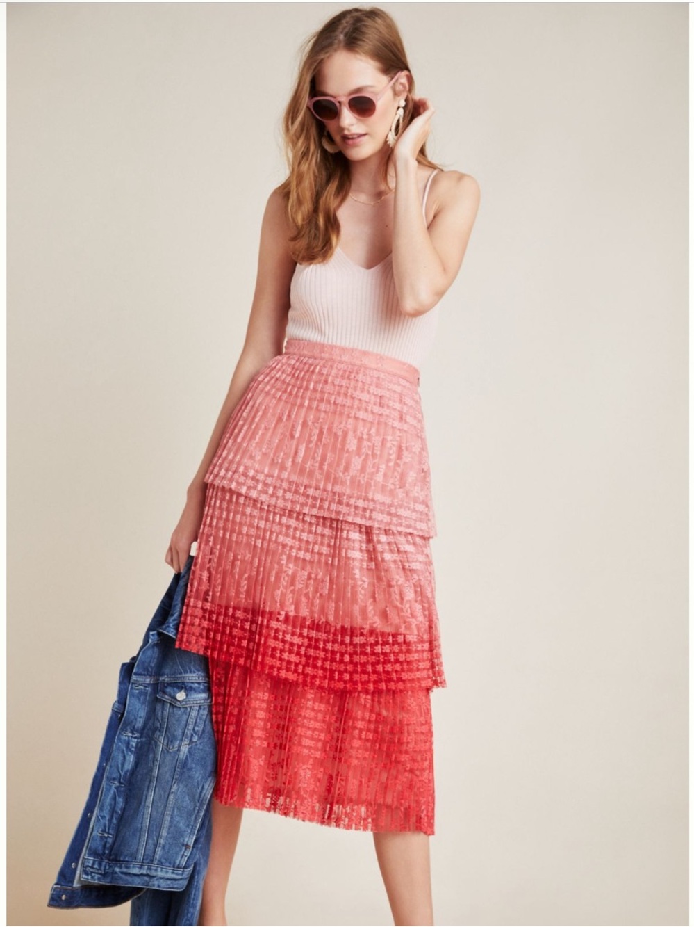 Anthropologie/ Maeve BrightonTiered Pink to Red Ombre lace Pleated Midi Skirt